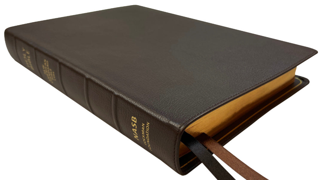 NASB 1995 Prime Large Print Ultrathin Reference Bible, brown premium goatskin leather, angled side view with ribbon markers