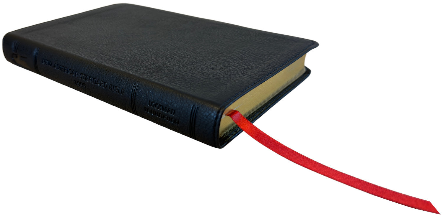 NASB 1995 Compact Text Bible, black leathertex, angled side view with ribbon marker