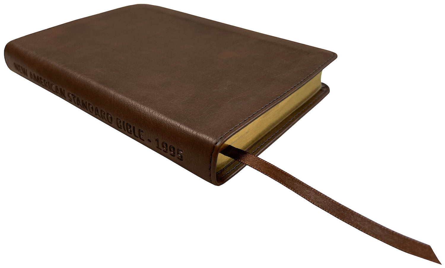 NASB 1995 Compact Text Bible, brown leathertex, angled side view with ribbon marker