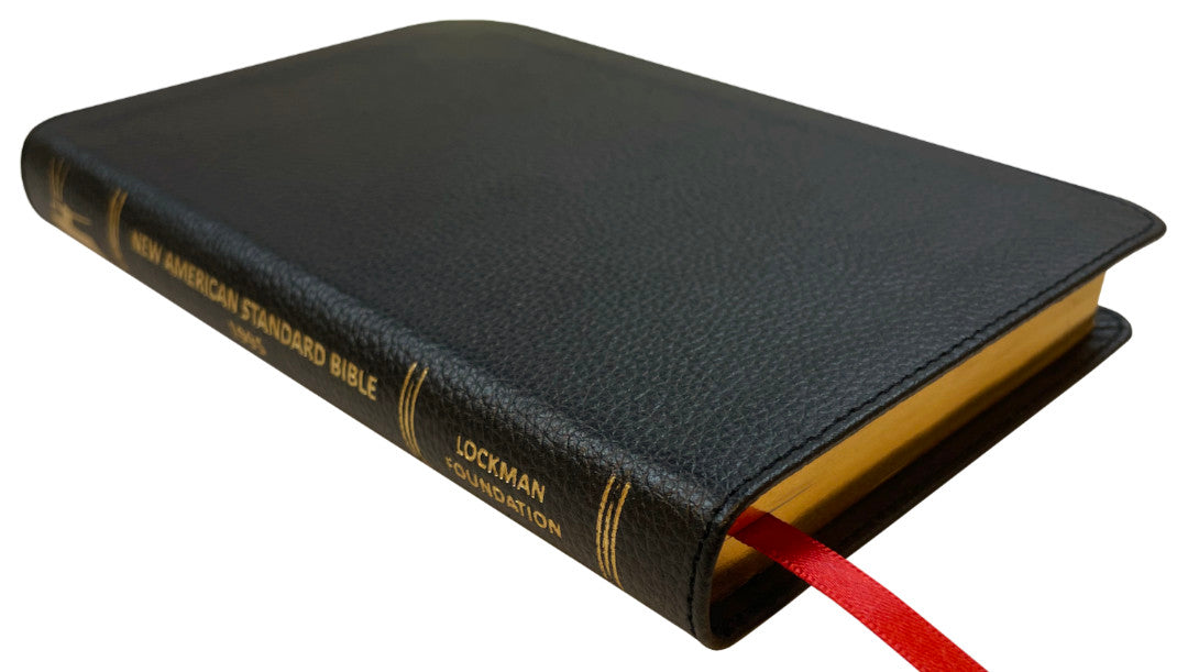 NASB 1995 Compact Text Bible, black genuine cowhide leather, angled side view with ribbon marker