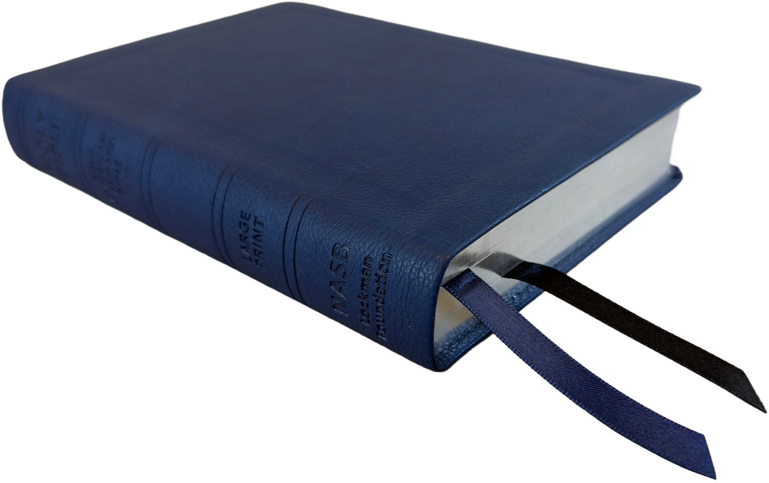 NASB 1995 Large Print Compact Bible, blue leathertex, angled side view with ribbon markers