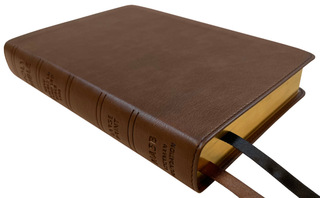 NASB 1995 Large Print Compact Bible, brown leathertex, angled side view with ribbon markers
