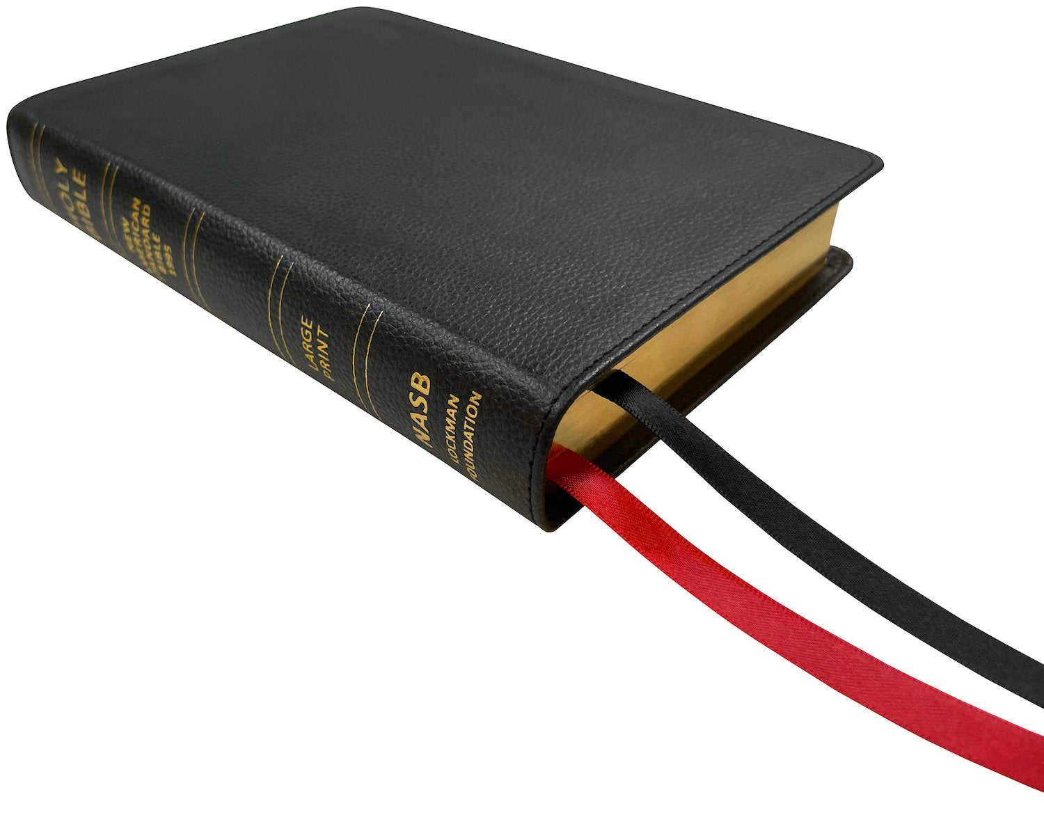 NASB 1995 Large Print Compact Bible, black genuine cowhide leather, angled side view with ribbon markers