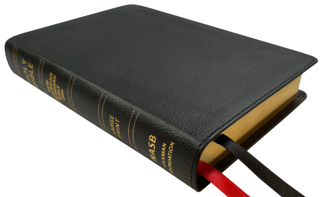 NASB 1995 Large Print Compact Bible, black genuine cowhide leather, angled side view with ribbon markers