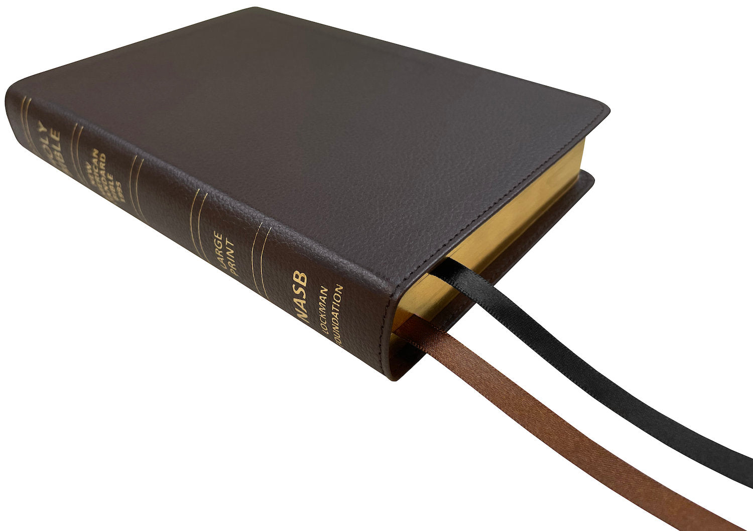 NASB 1995 Large Print Compact Bible, brown genuine cowhide leather, angled side view with ribbon markers