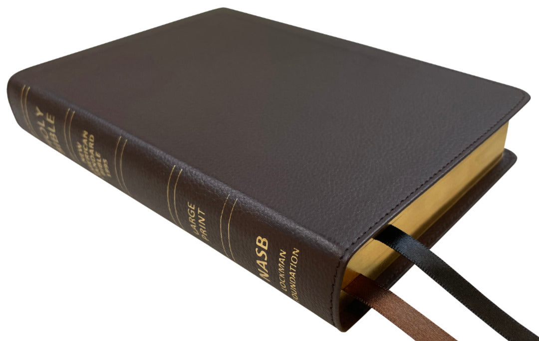 NASB 1995 Large Print Compact Bible, brown genuine cowhide leather, angled side view with ribbon markers
