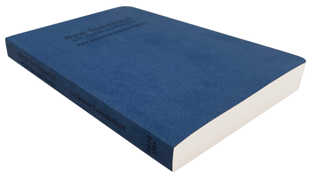 NAS 1995 New Testament with Psalms and Proverbs, blue softcover, angled side view with page edge