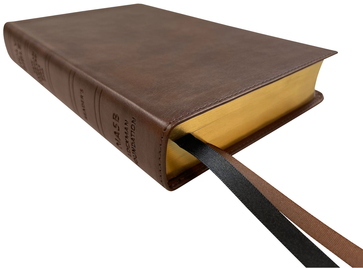NASB 2020 Reader's Bible, brown leathertex, angled side view with ribbon markers
