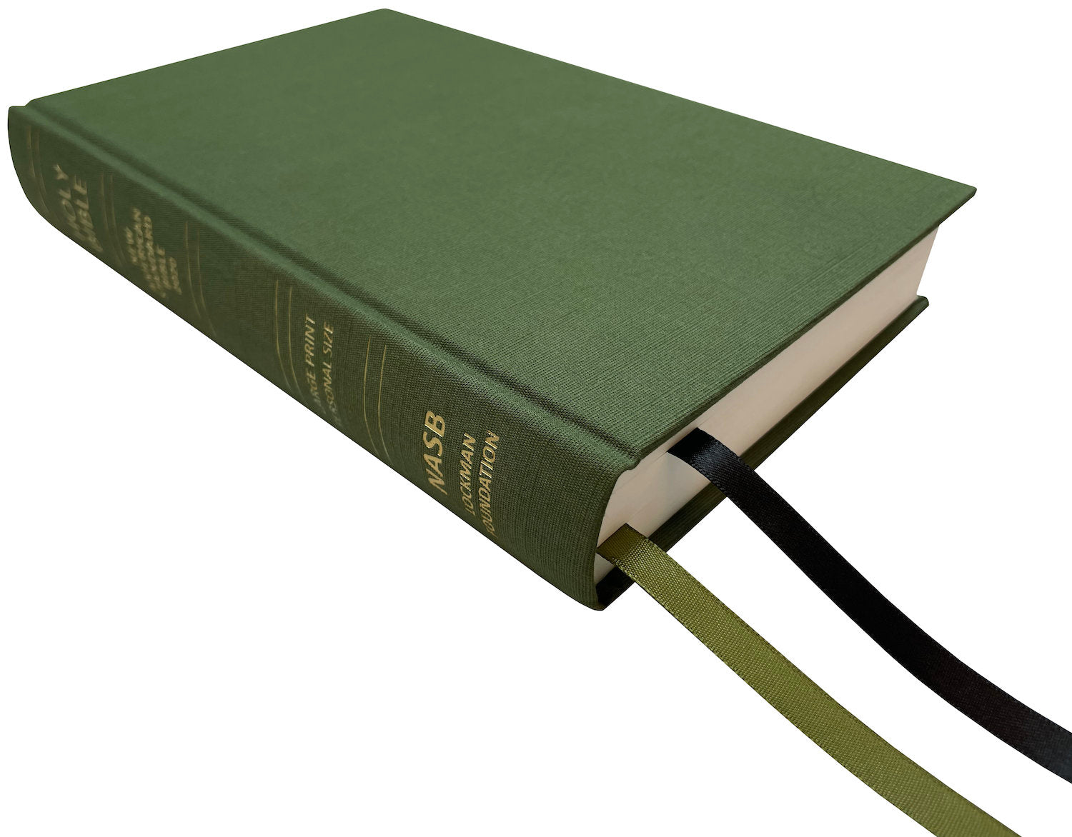NASB 2020 Large Print Personal Size Bible, olive linen cloth, angled side view with ribbon markers
