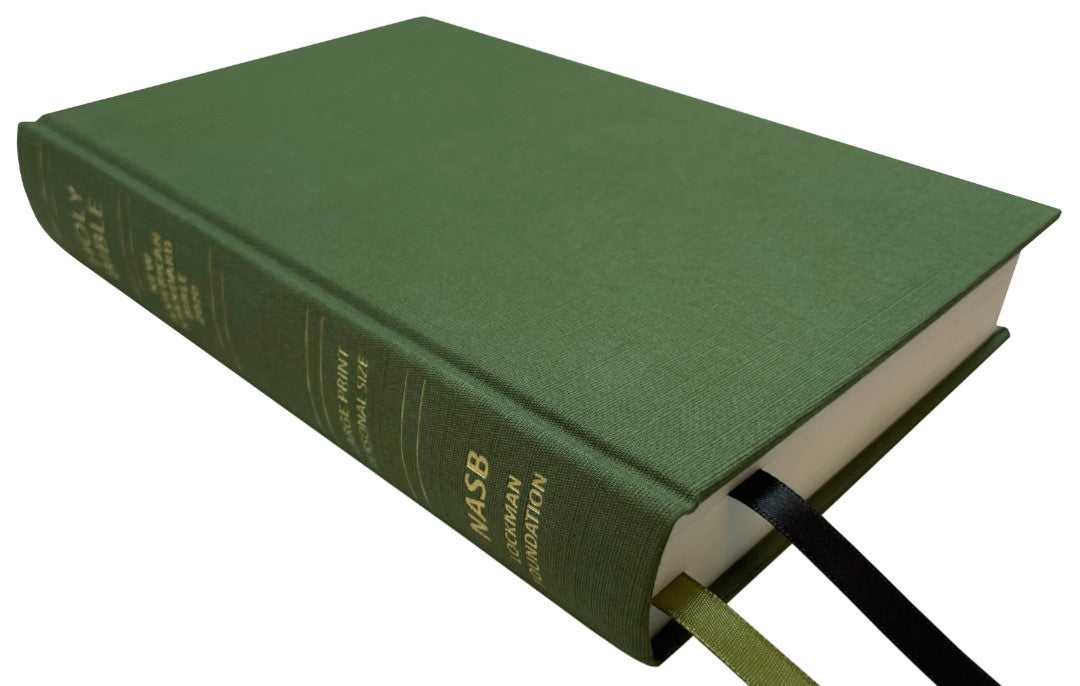 NASB 2020 Large Print Personal Size Bible, olive linen cloth, angled side view with ribbon markers