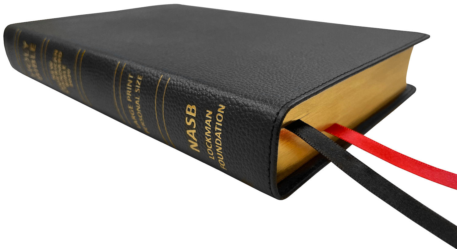 NASB 2020 Large Print Personal Size Bible, black genuine cowhide leather, angled side view with ribbon markers