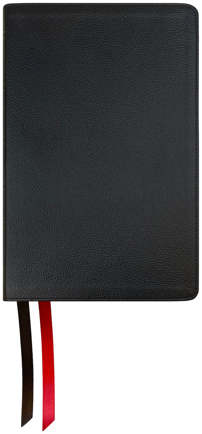NASB 2020 Large Print Personal Size Bible, black genuine cowhide leather, angled side view with ribbon markers