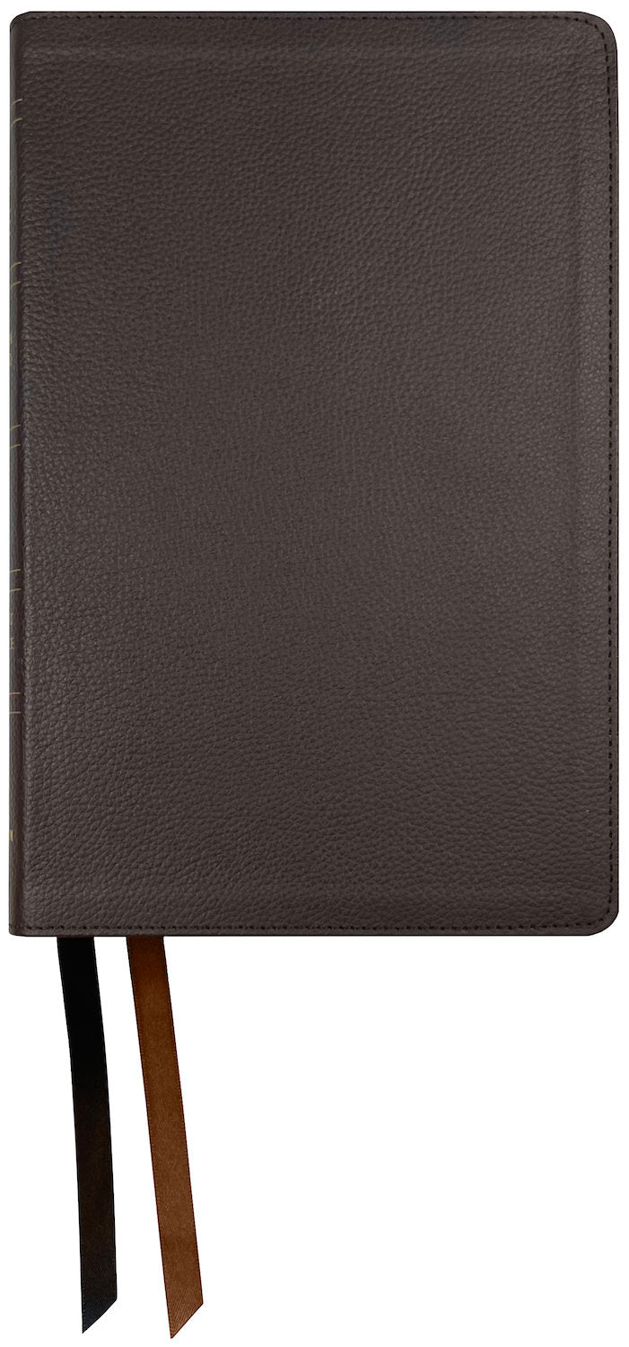 NASB 2020 Large Print Personal Size Bible, brown genuine cowhide leather, angled side view with ribbon markers