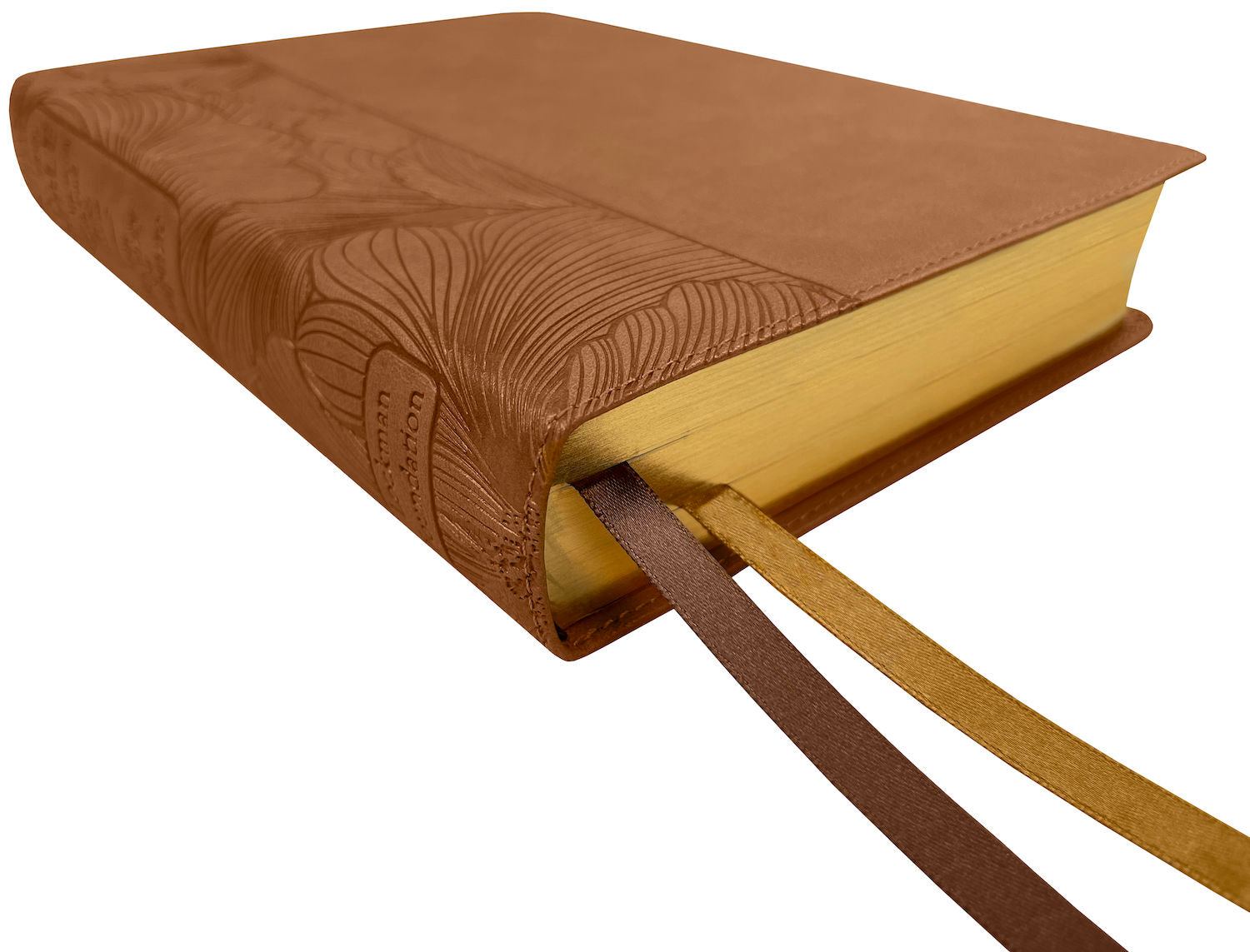 NASB 2020 Beauty of Scripture Bible, tan leathertex cover with special floral design, angled side view with ribbon markers