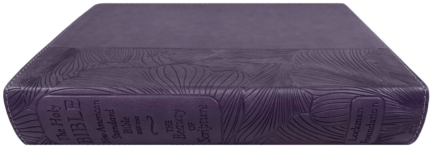 NASB 2020 Beauty of Scripture Bible, purple leathertex cover with special floral design, angled side view