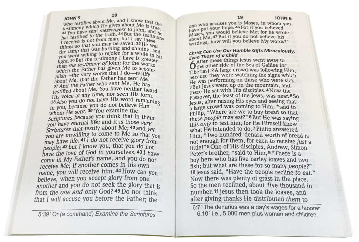 NAS 2020 Plan of Life Gospel of John, colorful paperback cover, open interior pages