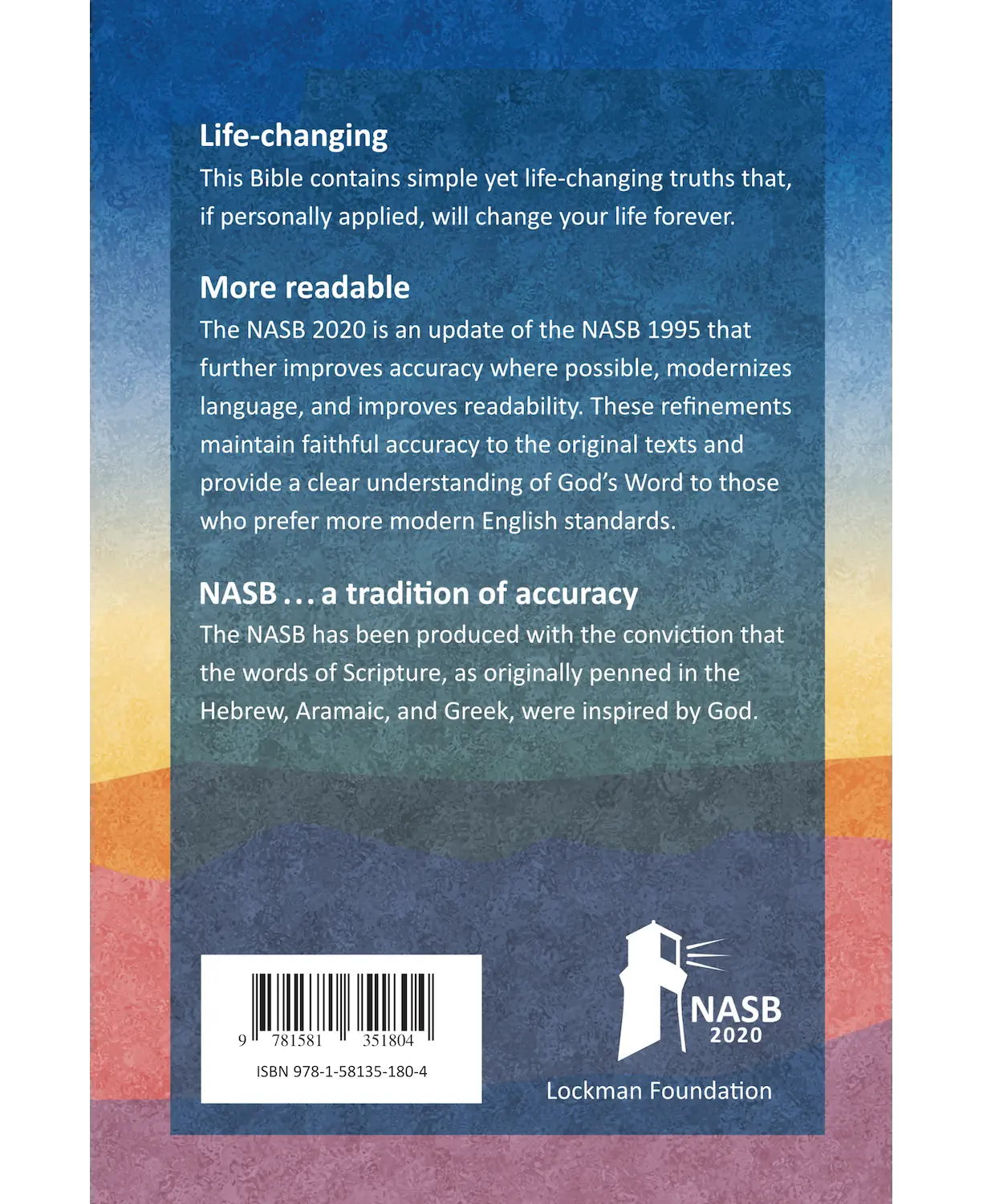 NASB 2020 Outreach Bible, colorful paperback back cover