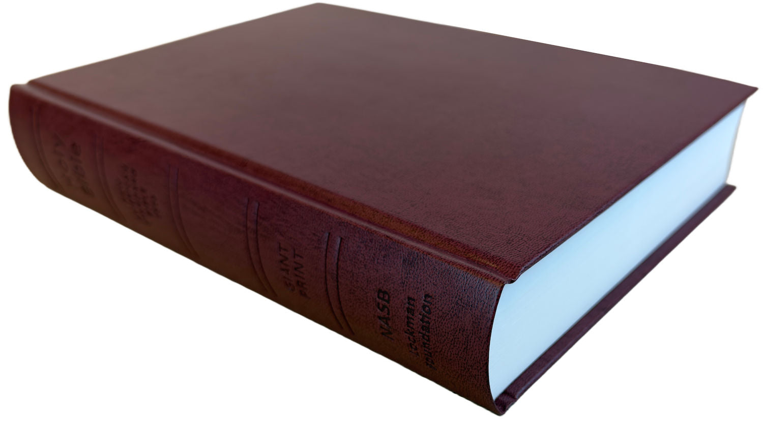 NASB 2020 Giant Print Text Bible, burgundy hardcover, angled side view with page edges