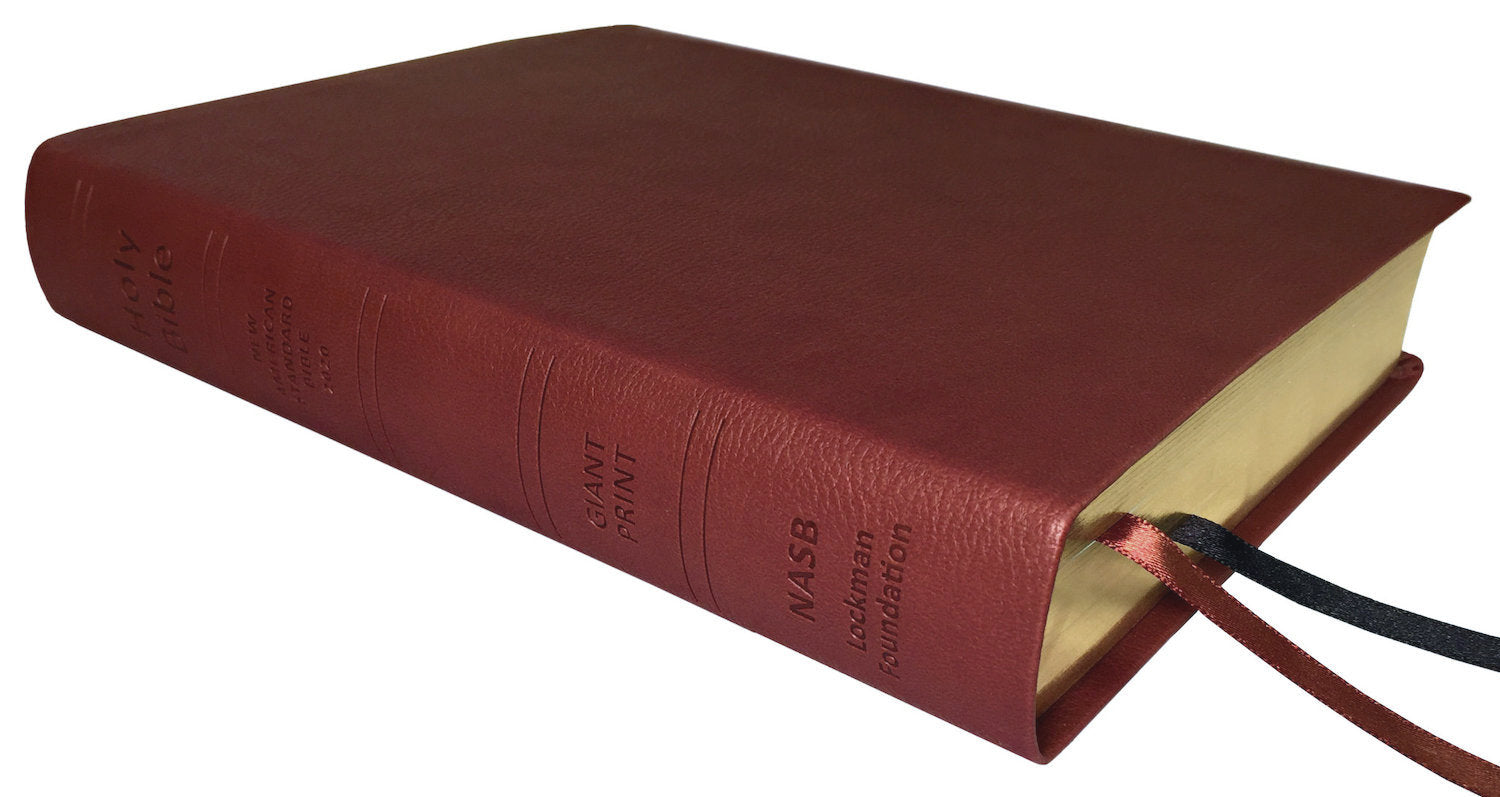 NASB 2020 Giant Print Text Bible, maroon leathertex, angled side view with ribbon markers