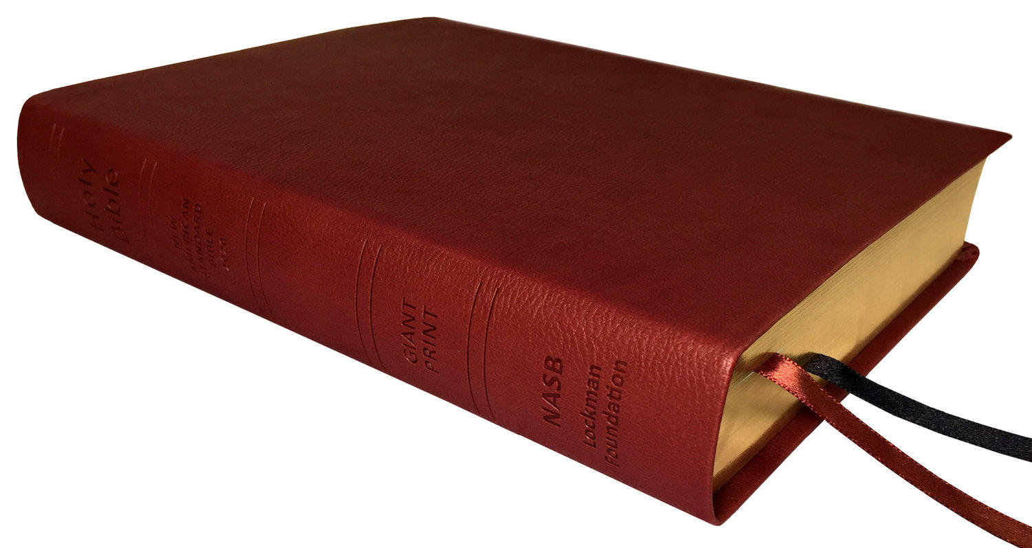 NASB 2020 Giant Print Text Bible, maroon leathertex, angled side view with ribbon markers