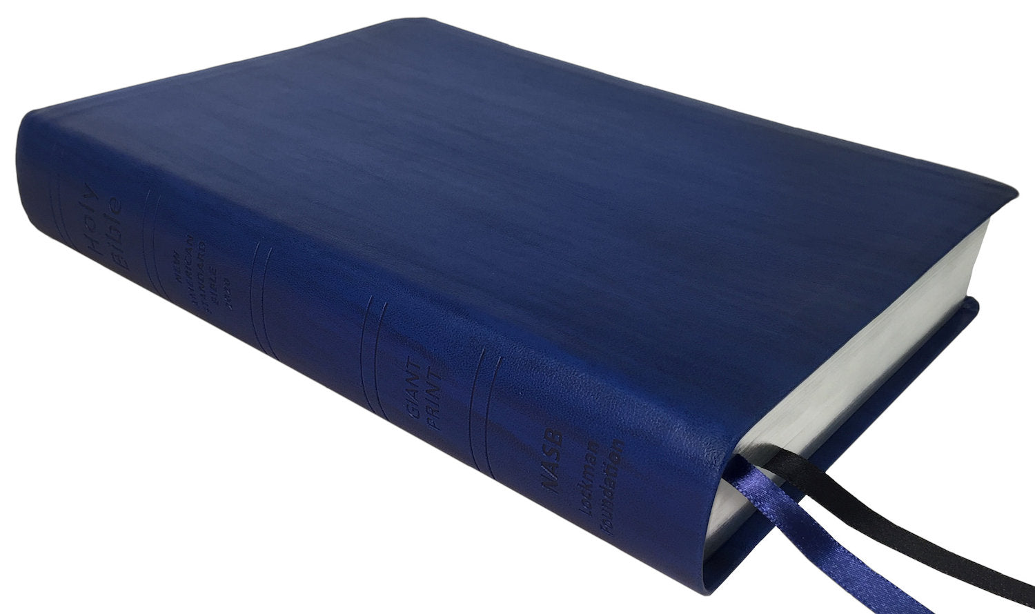 NASB 2020 Giant Print Text Bible, blue leathertex, angled side view with ribbon markers