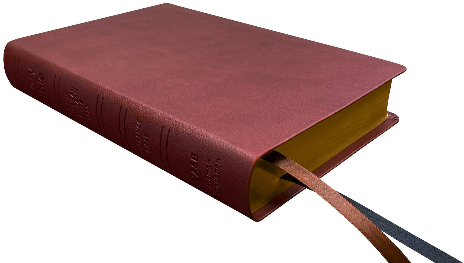 NASB 2020 Reference Bible, maroon leathertex, angled side view with ribbon markers