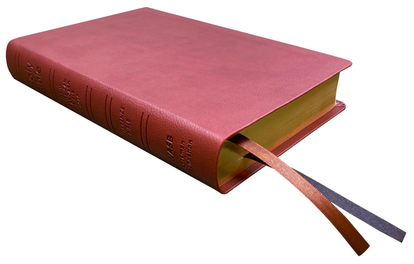 NASB 2020 Reference Bible, maroon leathertex, angled side view with ribbon markers
