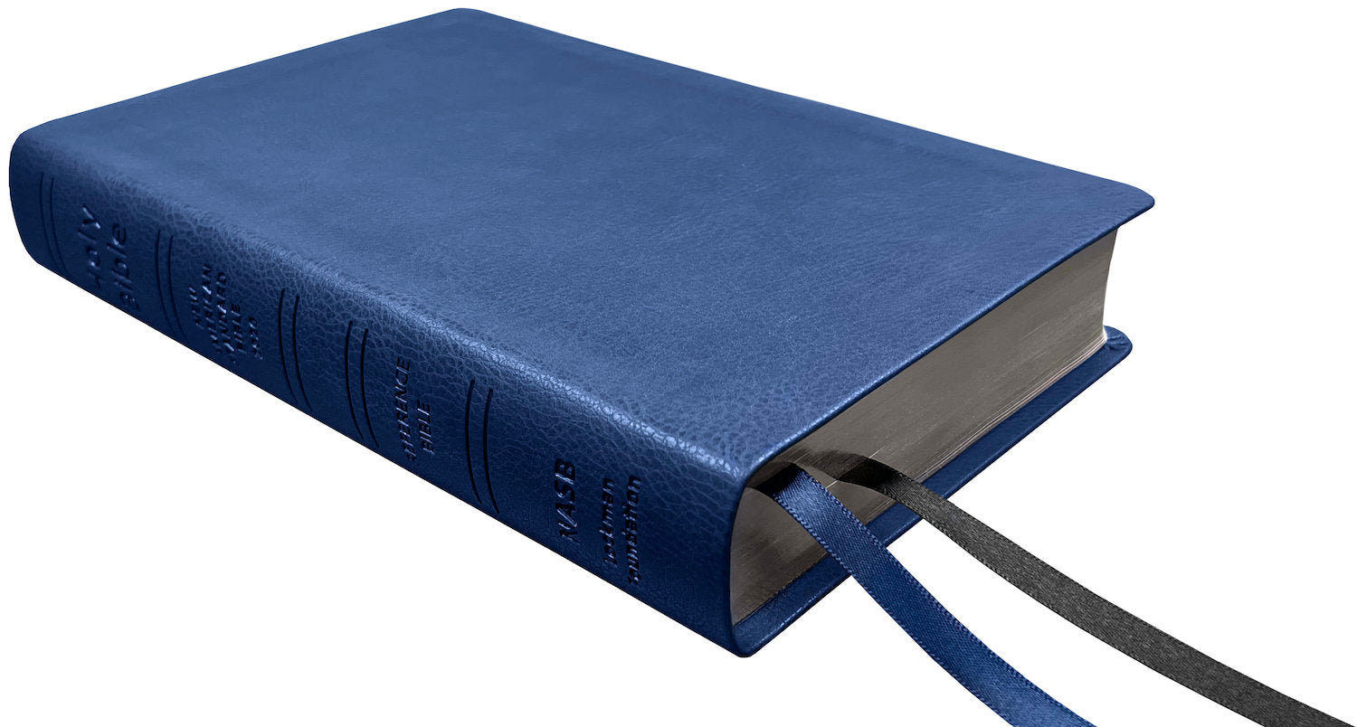 NASB 2020 Reference Bible, blue leathertex, angled side view with ribbon markers