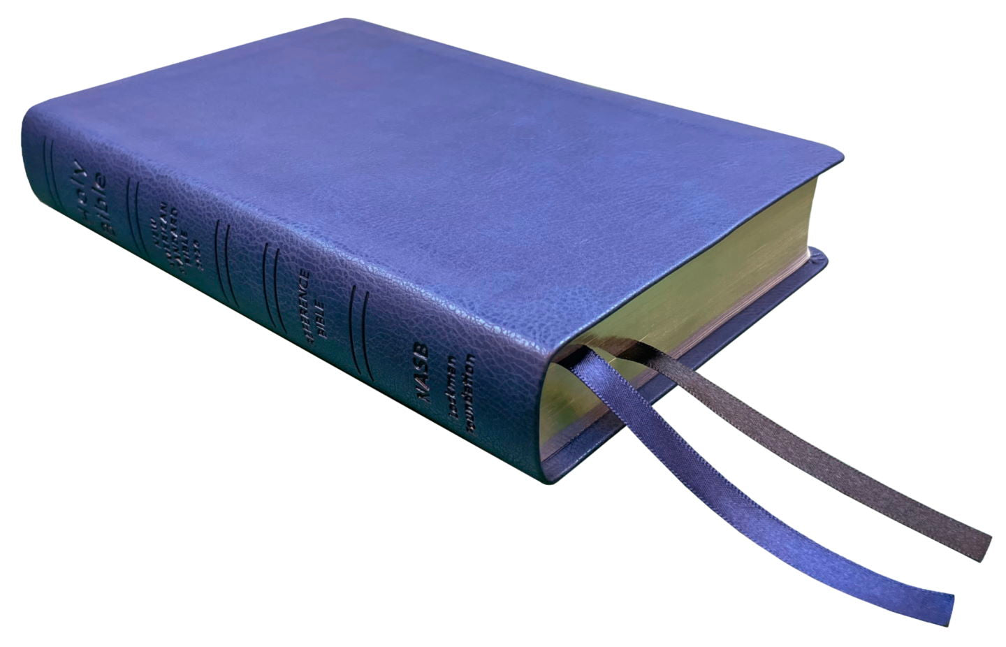NASB 2020 Reference Bible, blue leathertex, angled side view with ribbon markers