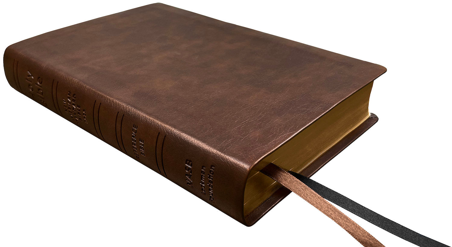 NASB 2020 Reference Bible, brown leathertex, angled side view with ribbon markers