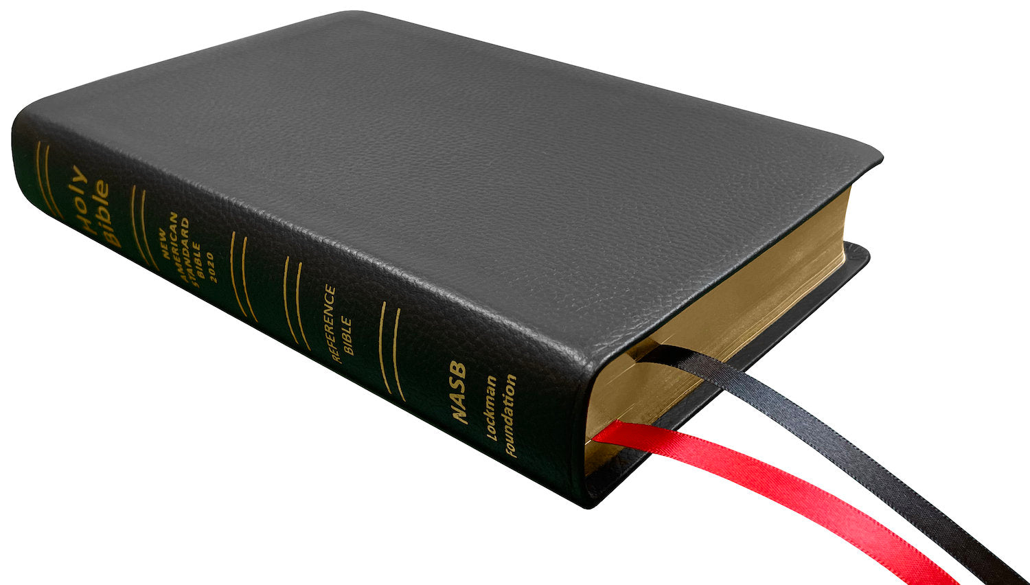 NASB 2020 Reference Bible, black genuine cowhide leather, angled side view with ribbon markers