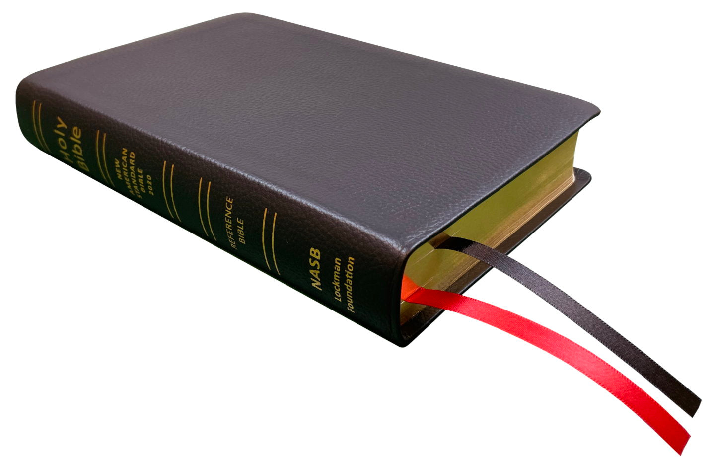 NASB 2020 Reference Bible, black genuine cowhide leather, angled side view with ribbon markers