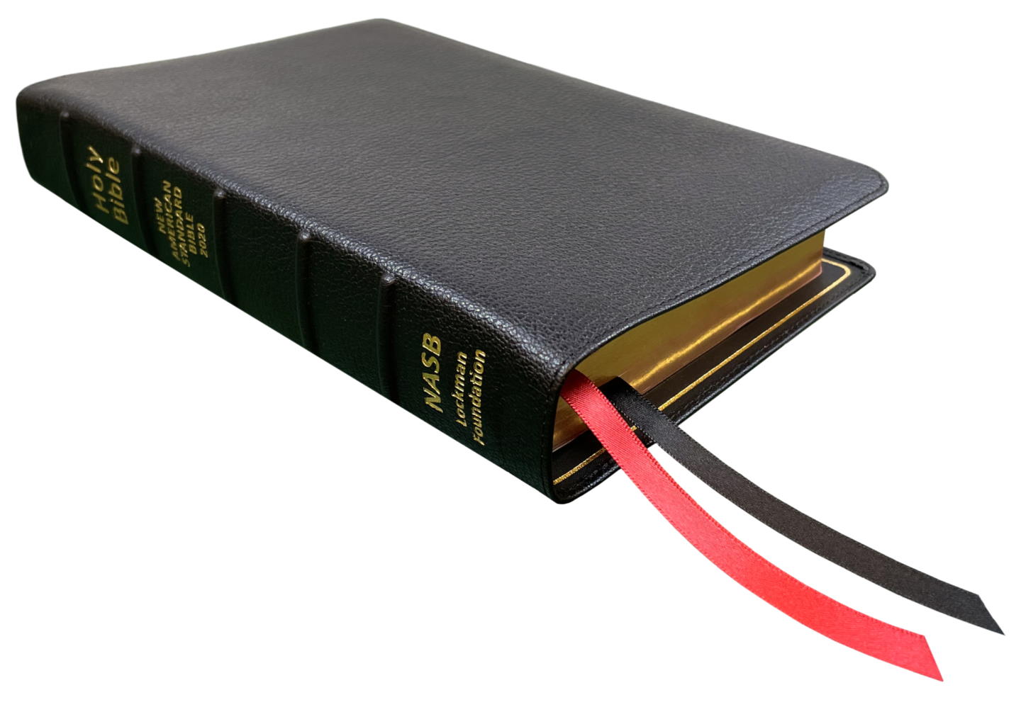 NASB 2020 Prime Reference Bible, black premium goatskin leather, angled side view with ribbon markers