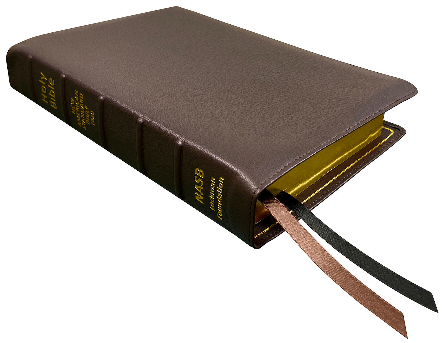 NASB 2020 Prime Reference Bible, brown premium goatskin leather, angled side view with ribbon markers
