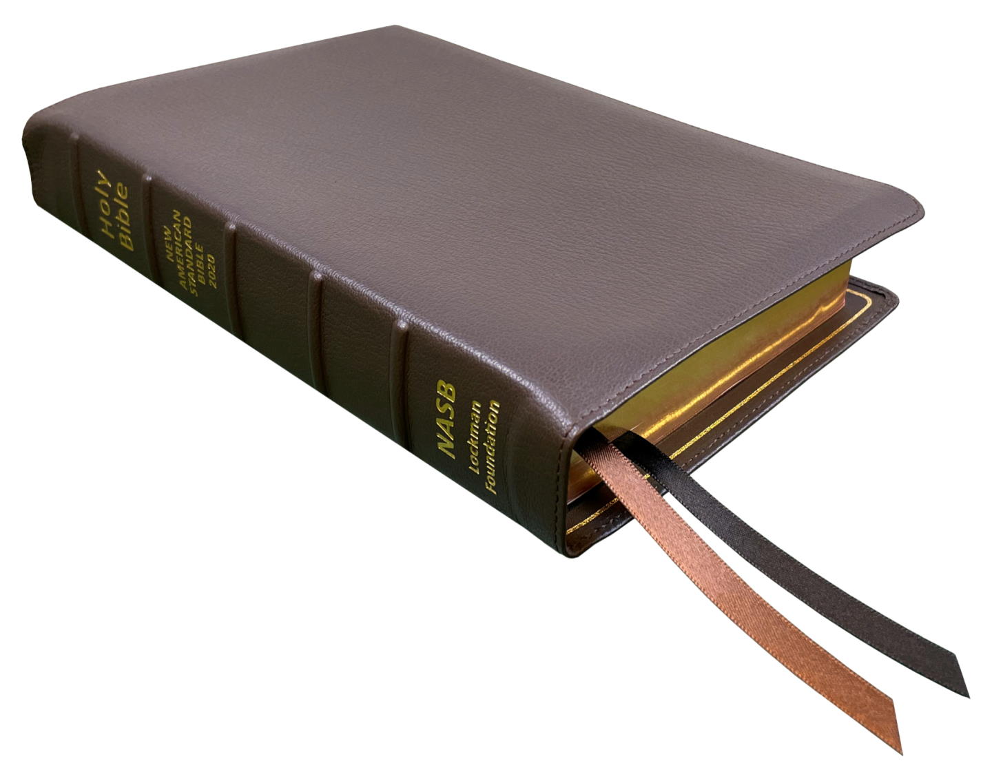 NASB 2020 Prime Reference Bible, brown premium goatskin leather, angled side view with ribbon markers