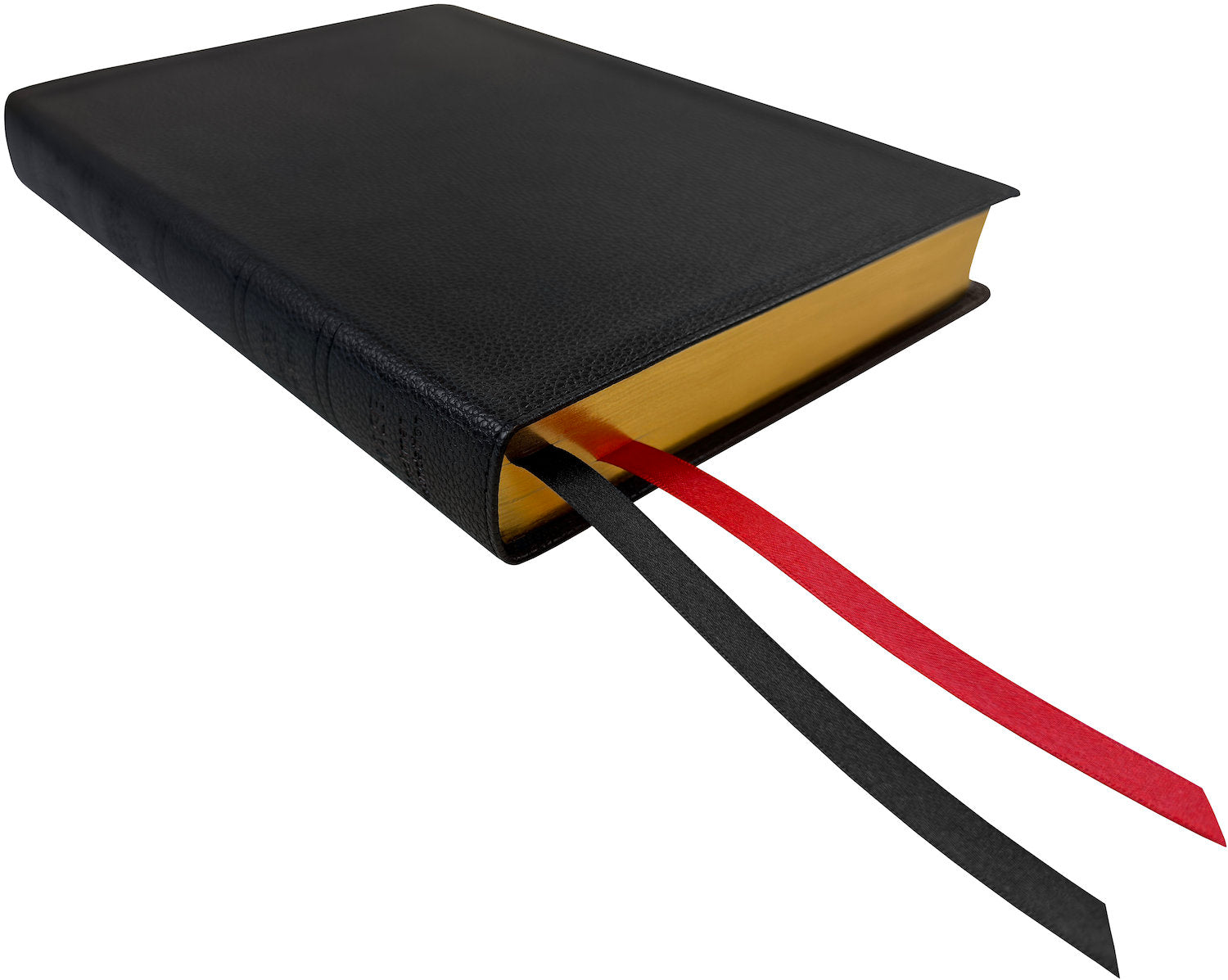 NASB 2020 Large Print Ultrathin Reference Bible, black leathertex, angled side view with ribbon markers