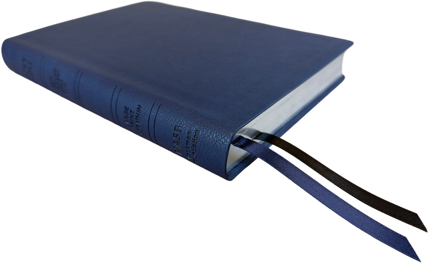 NASB 2020 Large Print Ultrathin Reference Bible, blue leathertex, angled side view with ribbon markers