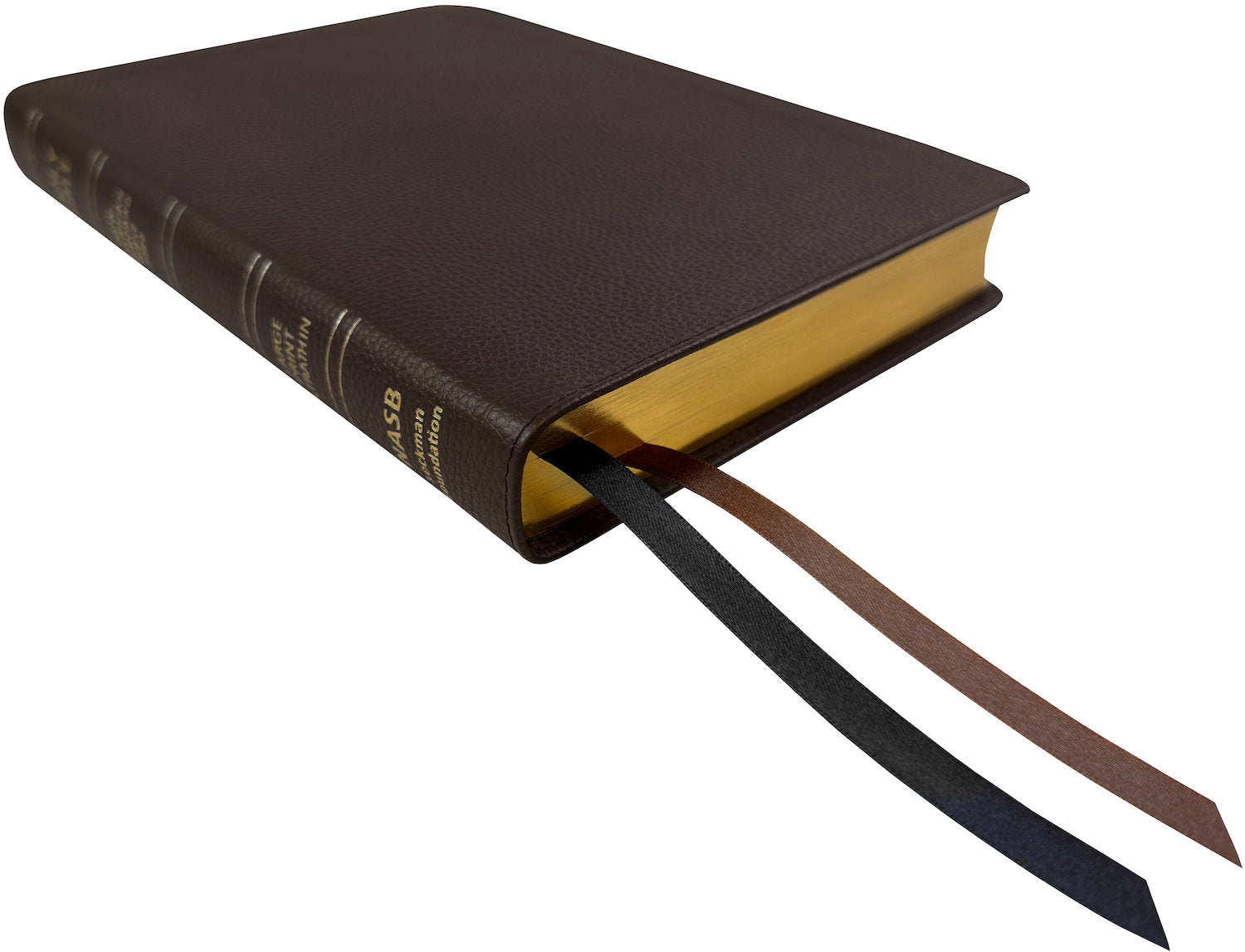 NASB 2020 Large Print Ultrathin Reference Bible, brown genuine cowhide leather, angled side view with ribbon markers