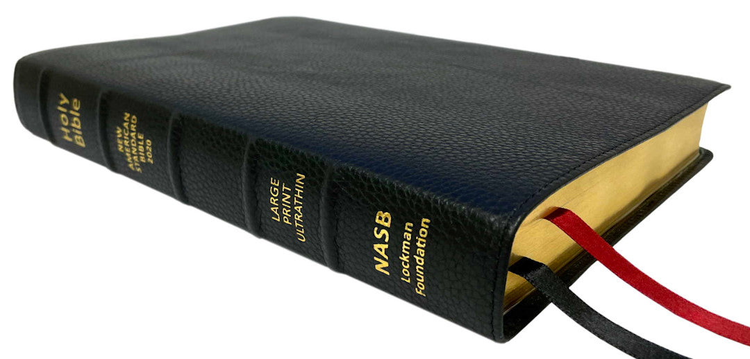 NASB 2020 Large Print Ultrathin Reference Bible, black premium calfskin leather, angled side view with ribbon markers