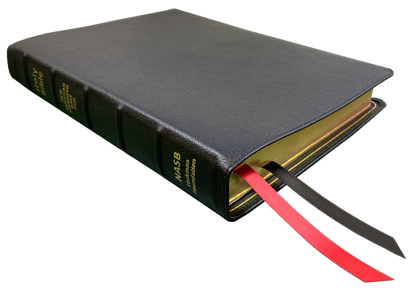NASB 2020 Prime Large Print Ultrathin Reference Bible, black premium goatskin leather, angled side view with ribbon markers