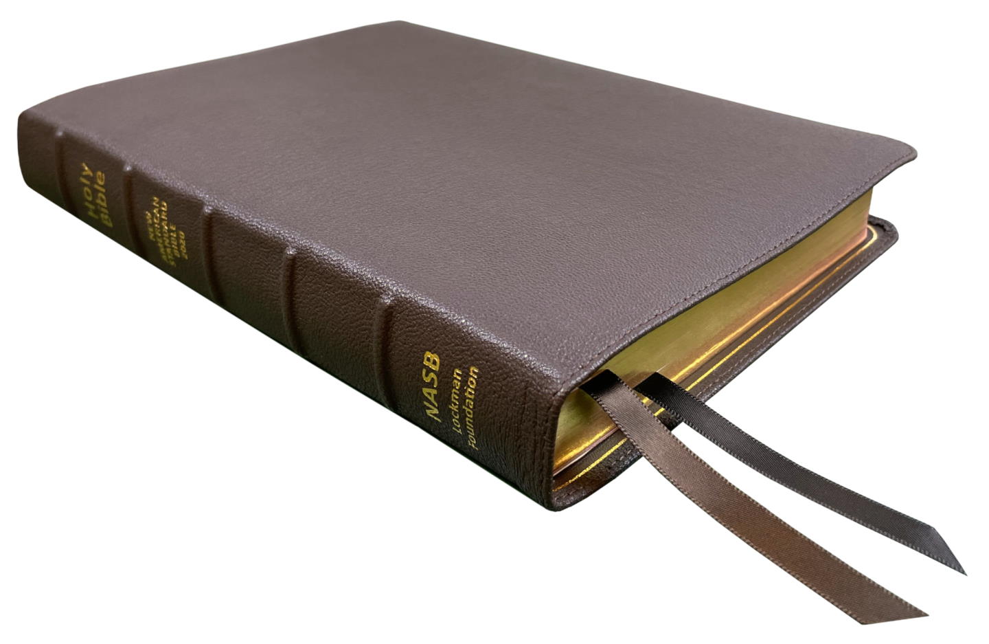 NASB 2020 Prime Large Print Ultrathin Reference Bible, brown premium goatskin leather, angled side view with ribbon markers