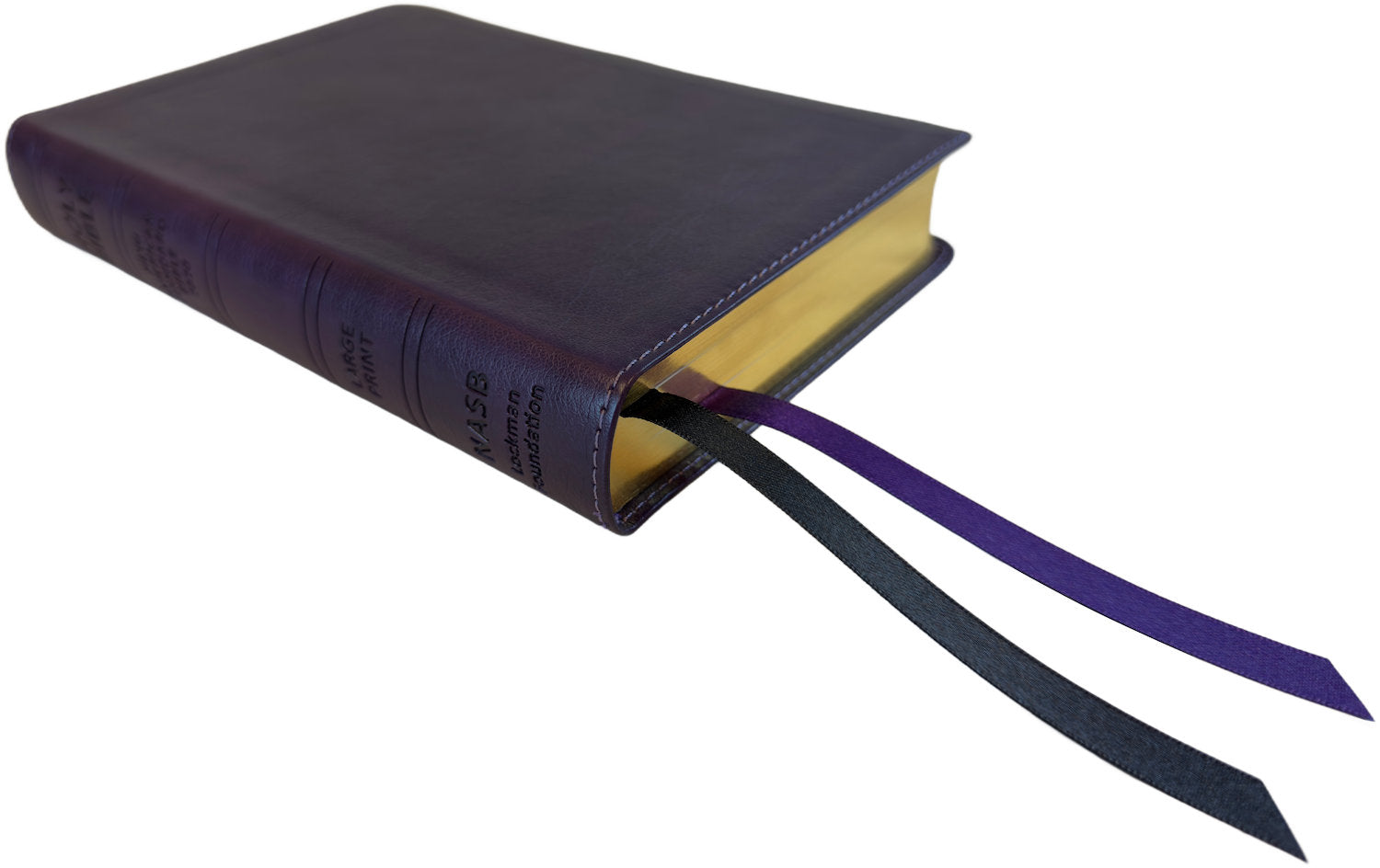 NASB 2020 Large Print Compact Bible, purple leathertex, angled side view with ribbon markers