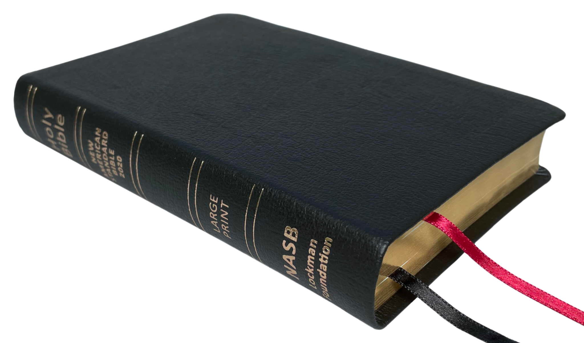 NASB 2020 Large Print Compact Bible, black genuine cowhide leather, angled side view with ribbon markers