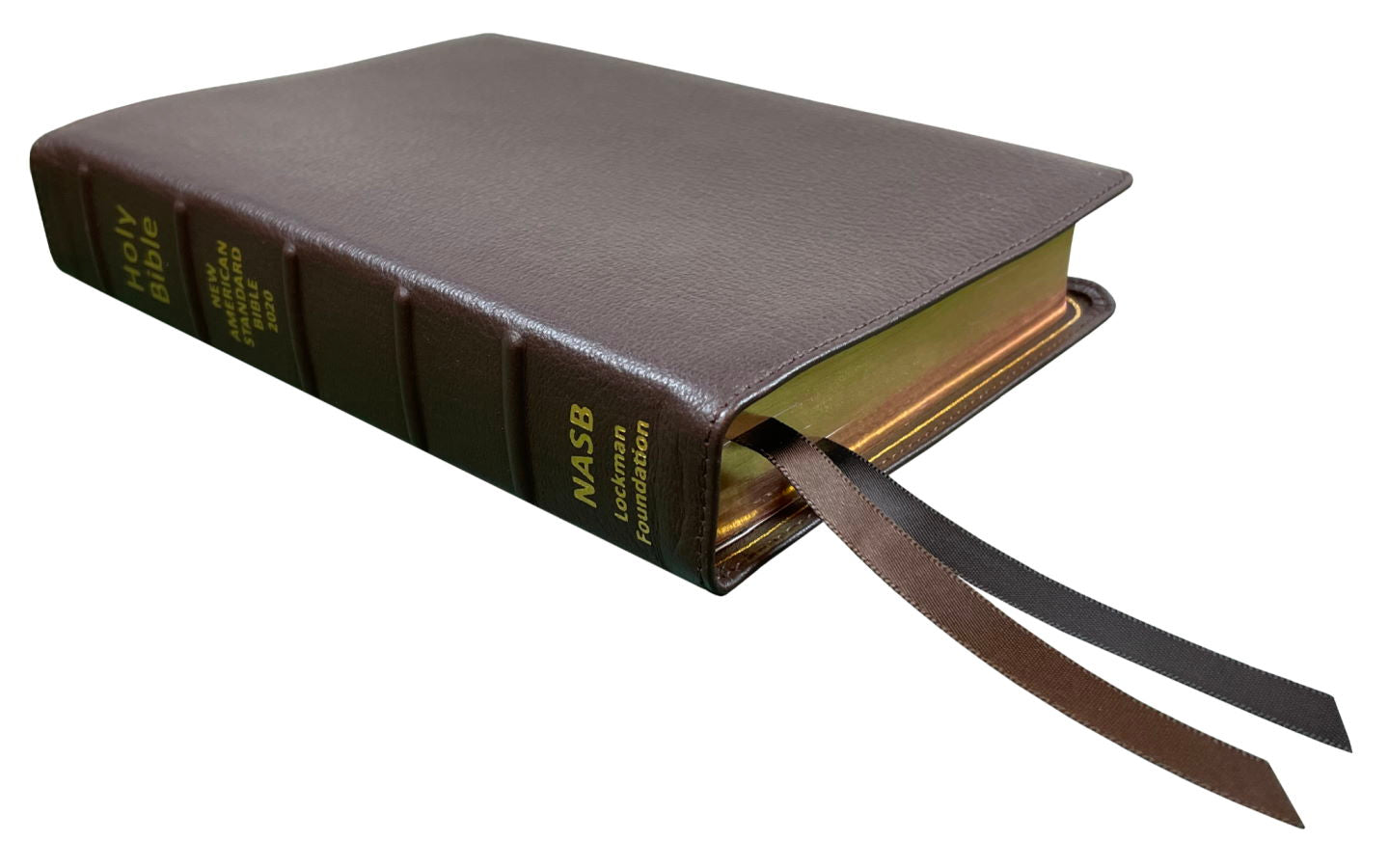 NASB 2020 Prime Large Print Compact Bible, brown premium goatskin leather, angled side view with ribbon markers