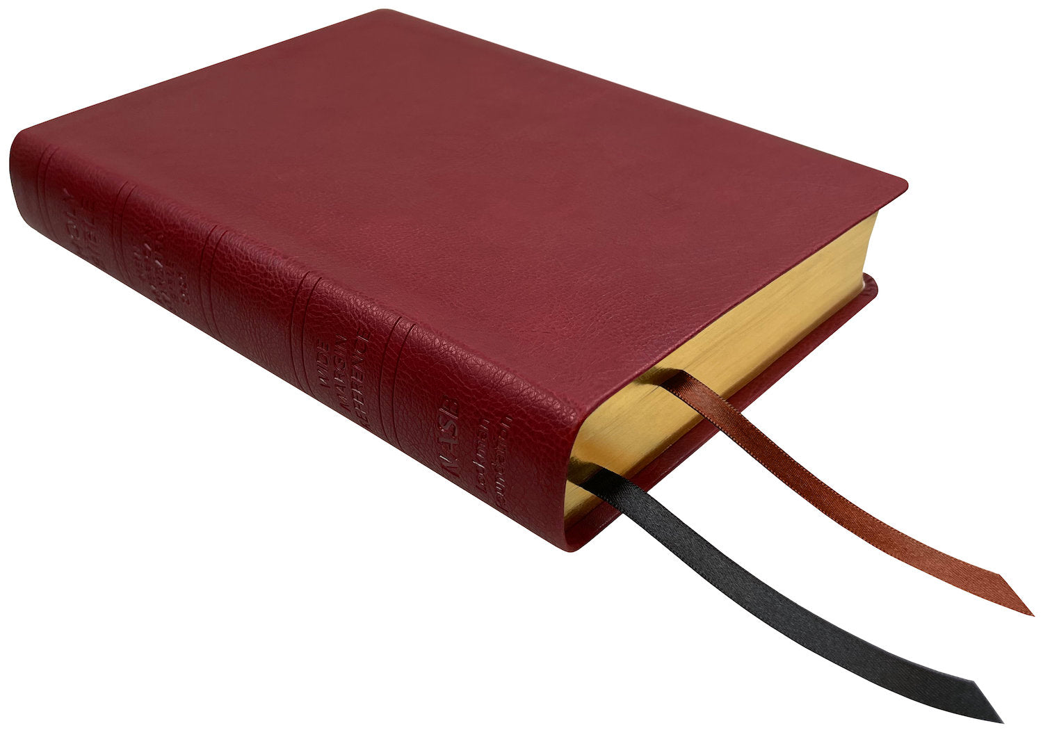 NASB 2020 Wide Margin Reference Bible, burgundy leathertex, angled side view with ribbon markers