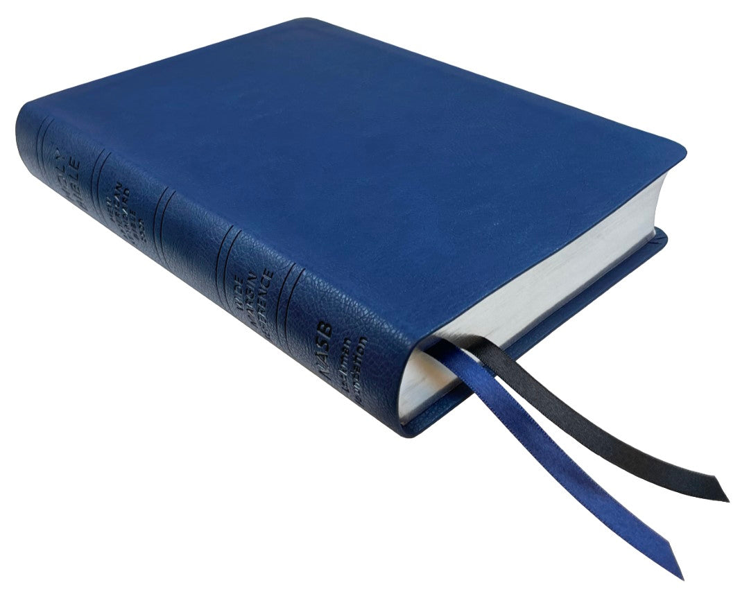 NASB 2020 Wide Margin Reference Bible, blue leathertex, angled side view with ribbon markers