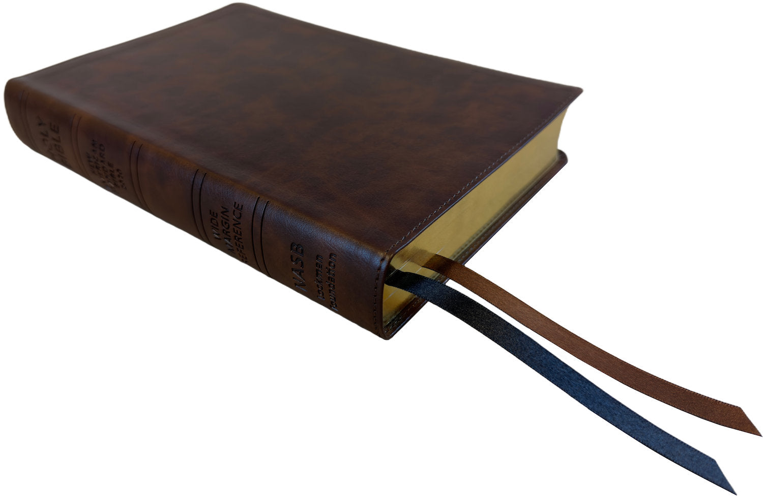 NASB 2020 Wide Margin Reference Bible, brown leathertex, angled side view with ribbon markers