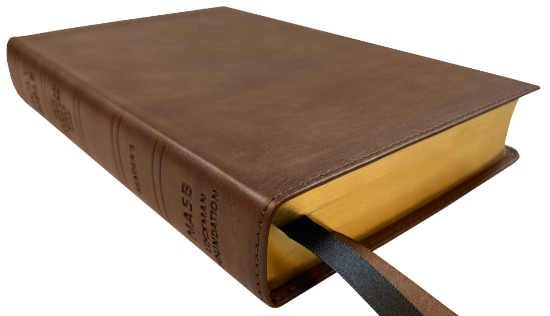 NASB 2020 Wide Margin Reference Bible, brown leathertex, angled side view with ribbon markers