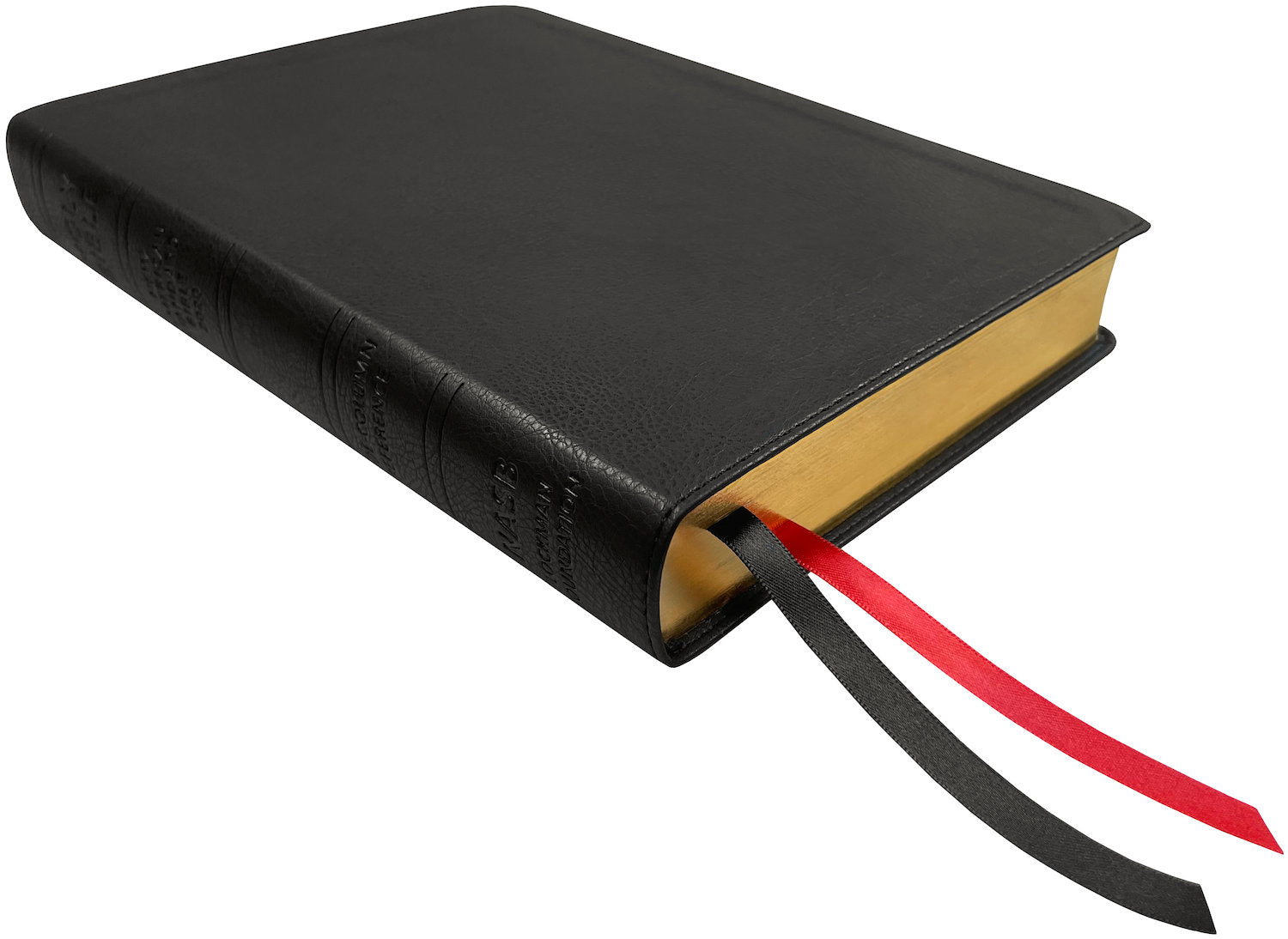 NASB 2020 Side Column Reference Bible, black leathertex, angled side view with ribbon markers