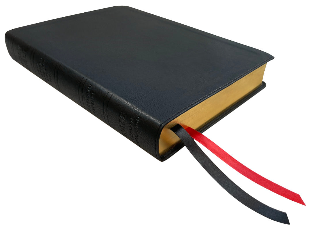 NASB 2020 Side Column Reference Bible, black leathertex, angled side view with ribbon markers